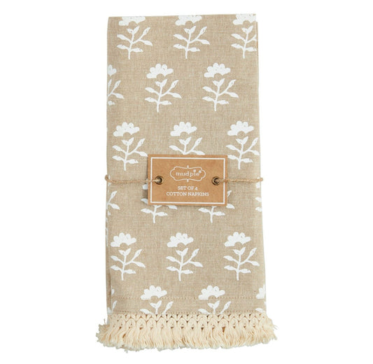 Fringe Taupe Block Print Cloth Napkin Set