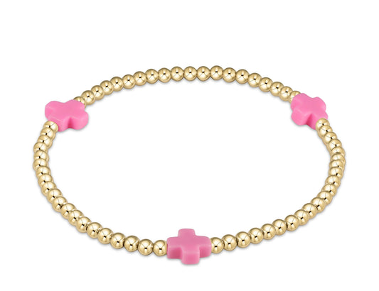 Signature Cross Gold 3mm Bead Bracelet- Bright Pink