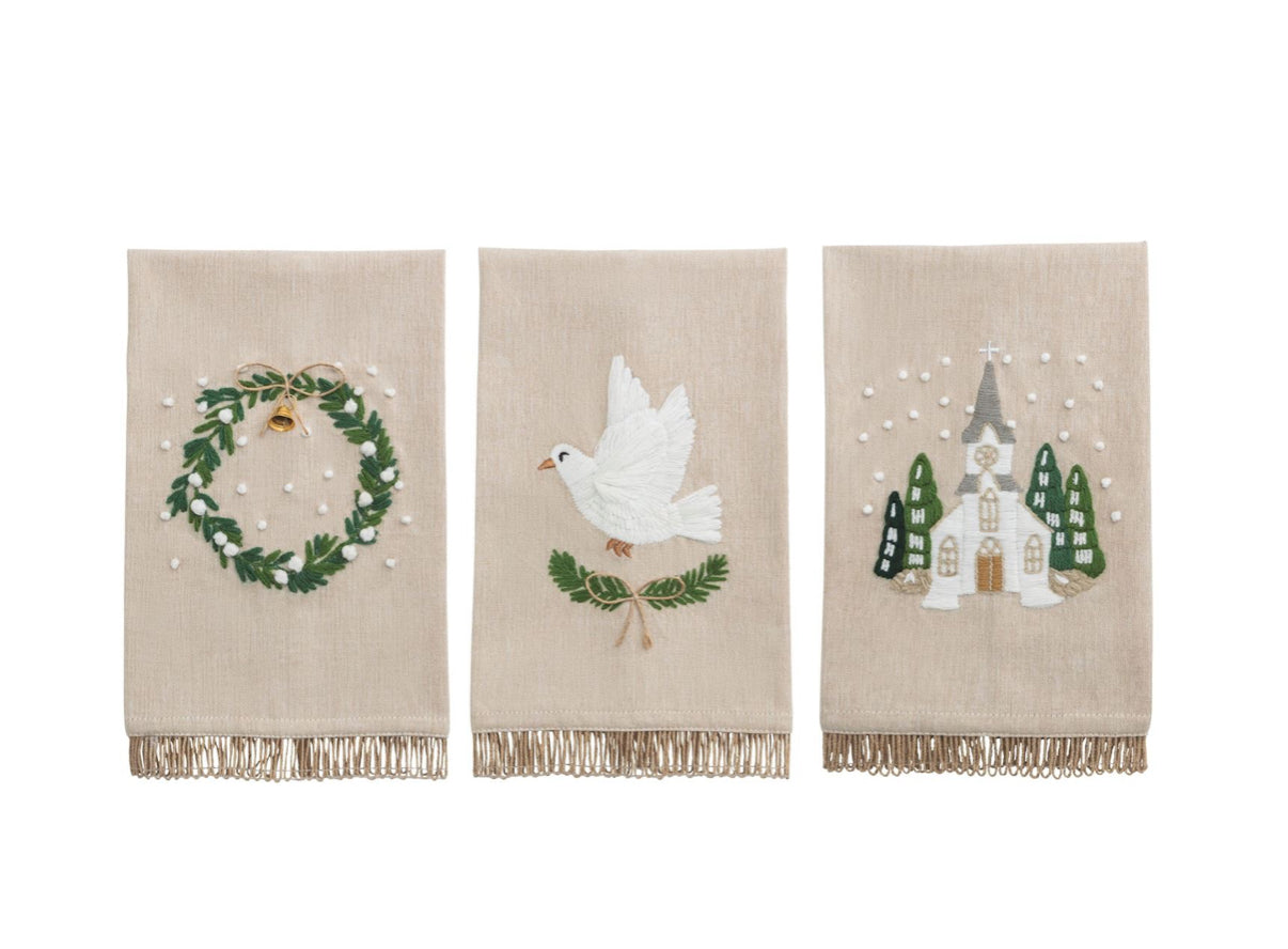White Christmas Embroidered Tea Towel