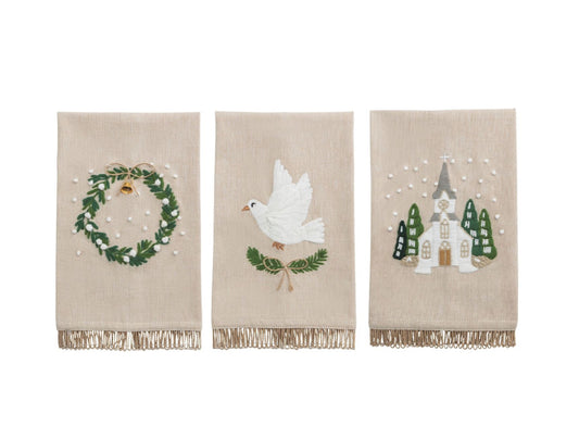 White Christmas Embroidered Tea Towel