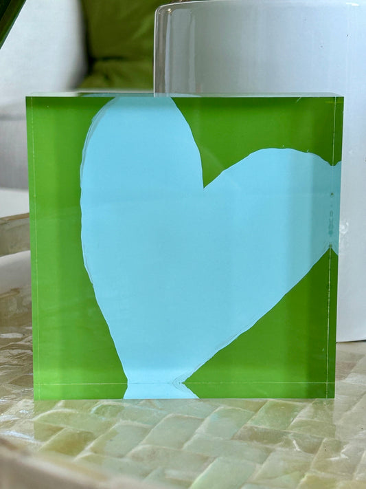 Acrylic Block Heart- Kelly Green/Light Blue