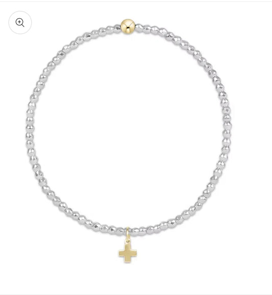 Silver Faceted Hematite 2mm Bead Bracelet - Signature Cross Gold Charm