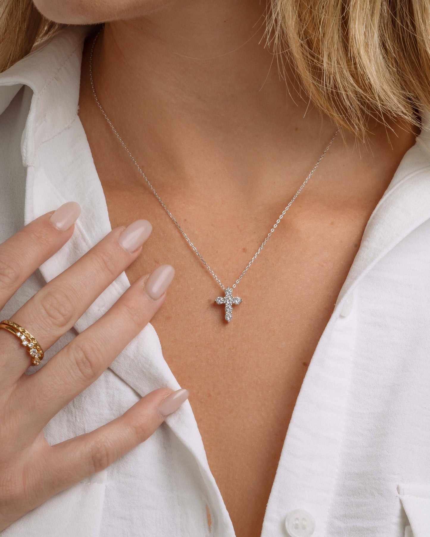Small Studded Cross Necklace: Gold