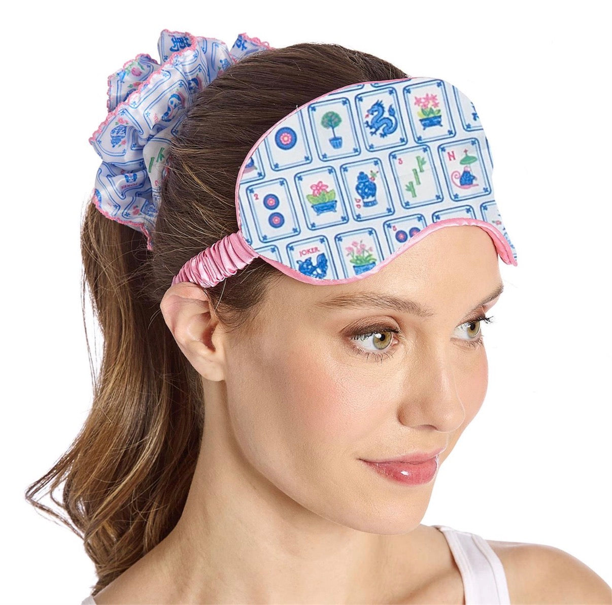 Pagoda Party Mahjong Sleep Mask and Ruffle Scrunchie Set