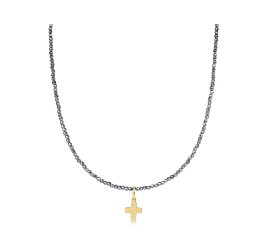 17" Choker Silver Faceted Hematite 2mm Bead - Signature Cross Gold Charm