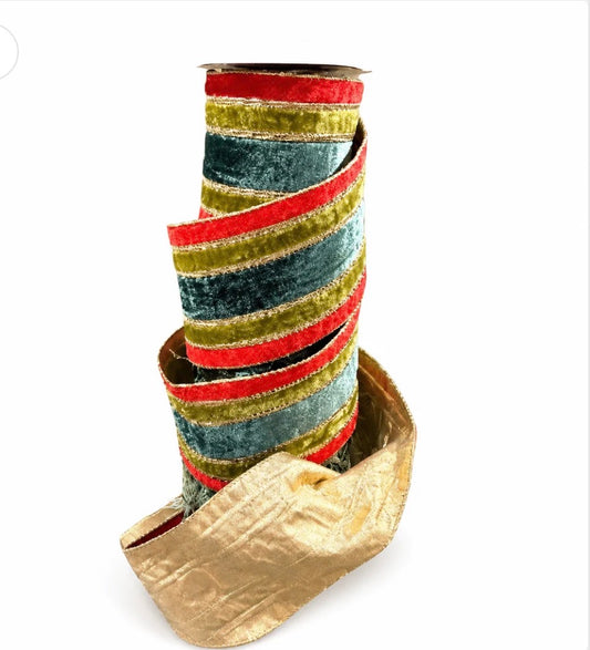 Red/Apple/Green Velvet Stripe, Metallic Dupion DBL Fused Ribbon