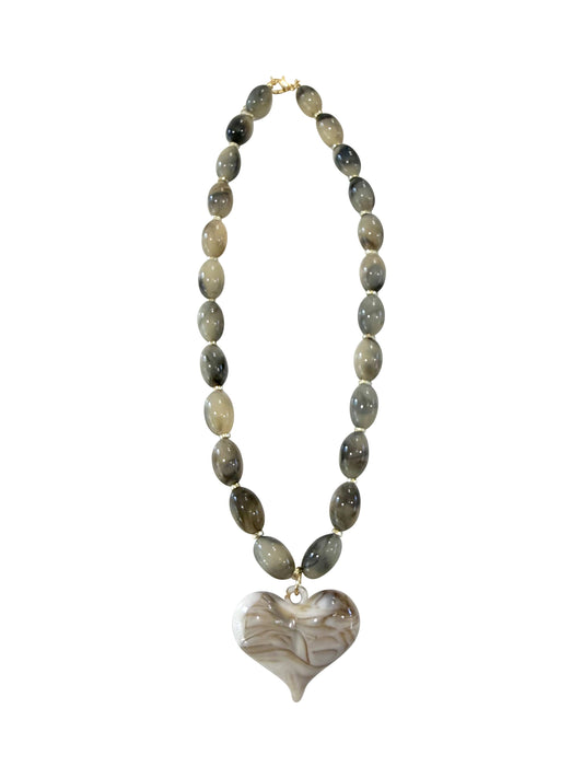Roxie Smoke Beaded Necklace with Heart Charm