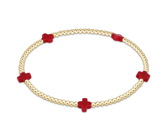 Signature Cross Small Gold Pattern 2mm Bead Bracelet- Red