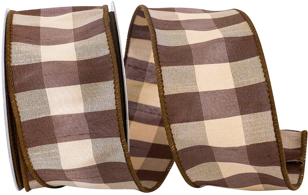 Check Silk Wired Edge Ribbon, Brown, 2-1/2 In, 10 Yards
