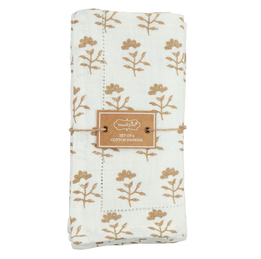 Flower Taupe Block Print Cloth Napkin Set