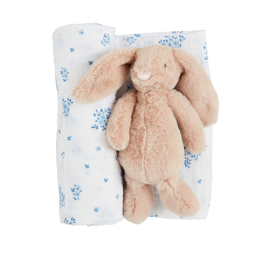 Floral Swaddle & Bunny Rattle Set