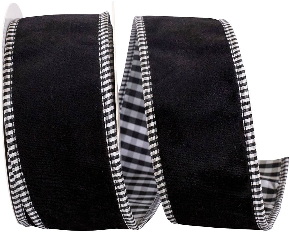 Velvet Plush Gingham Backed, Black, 2-1/2 In, 5 Yards