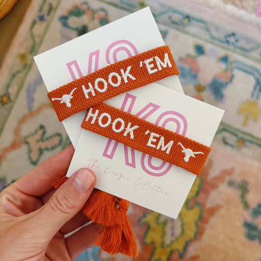 Hook Em' embroidered tassel bracelet game day accessory