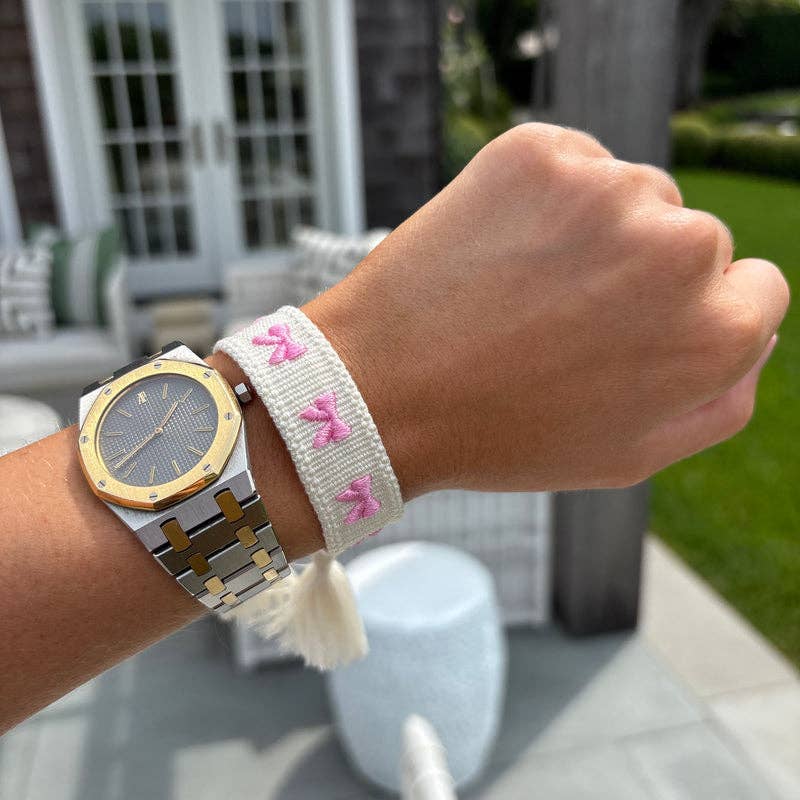 Pink bow embroidered tassel bracelet