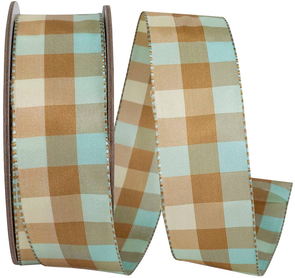 Plaid Leon Ticking Wired Edge, Aqua, 1-1/2 In, 25 Yards
