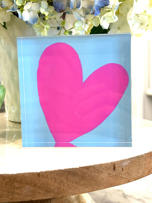 Acrylic Block Heart- Blue with Pink Heart