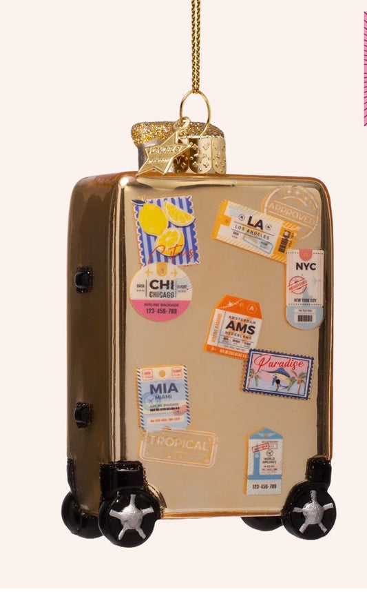 Gold Suitcase with Stickers Ornament