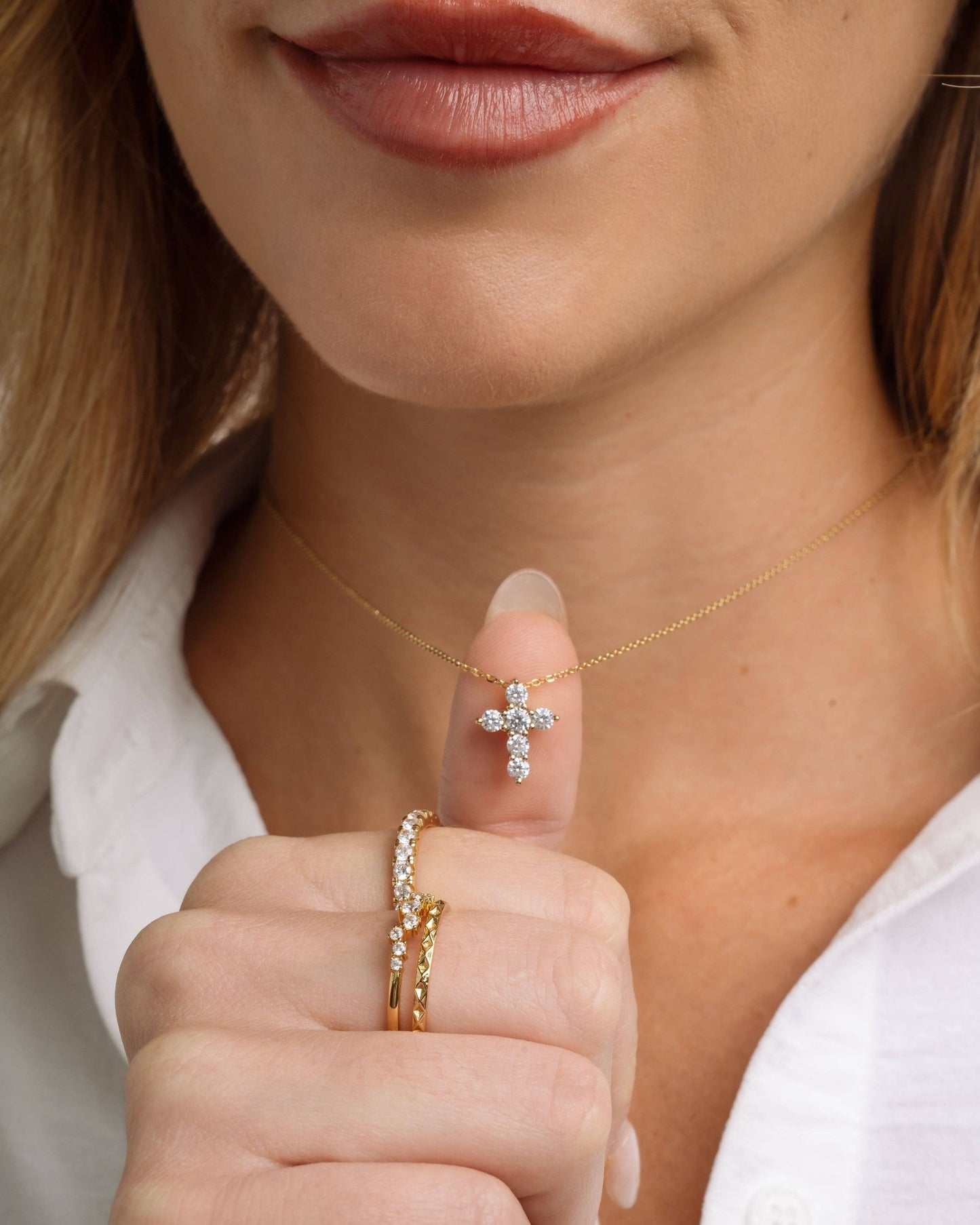 Small Studded Cross Necklace: Gold