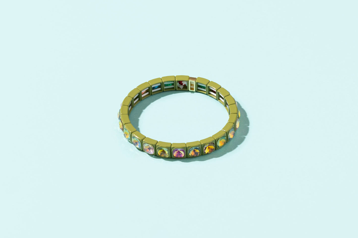 Enamel Stretch Bracelet - Green w/ Colorful Circle Stones - Zoe