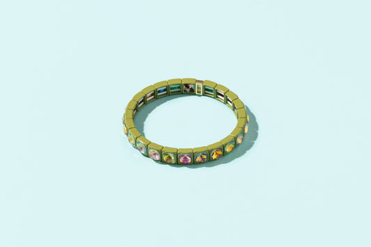 Enamel Stretch Bracelet - Green w/ Colorful Circle Stones - Zoe