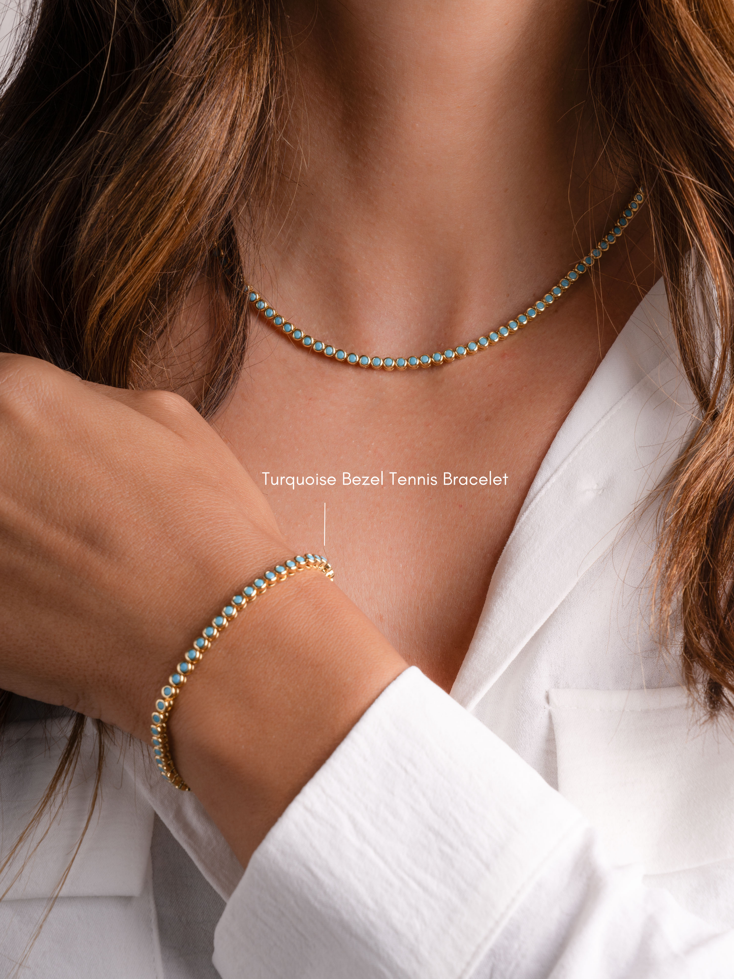 Round Turquoise Tennis Necklace: Gold / 16"