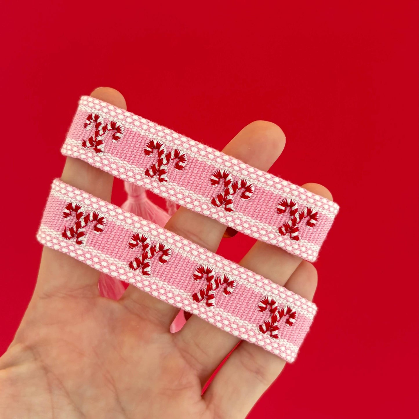 Candy cane lane embroidered tassel bracelet