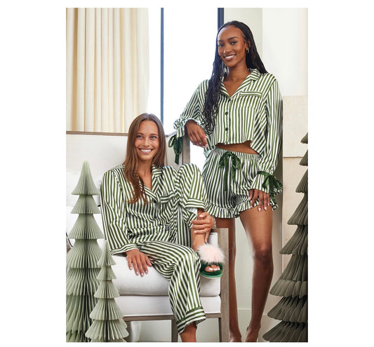 Green Striped PJ Set with Ruffled Shorts