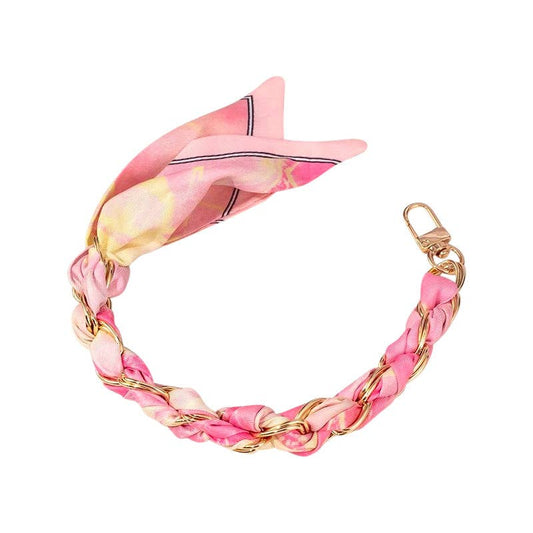 Gold Phone Chain with Scarf Pink Blue - Short: Pink