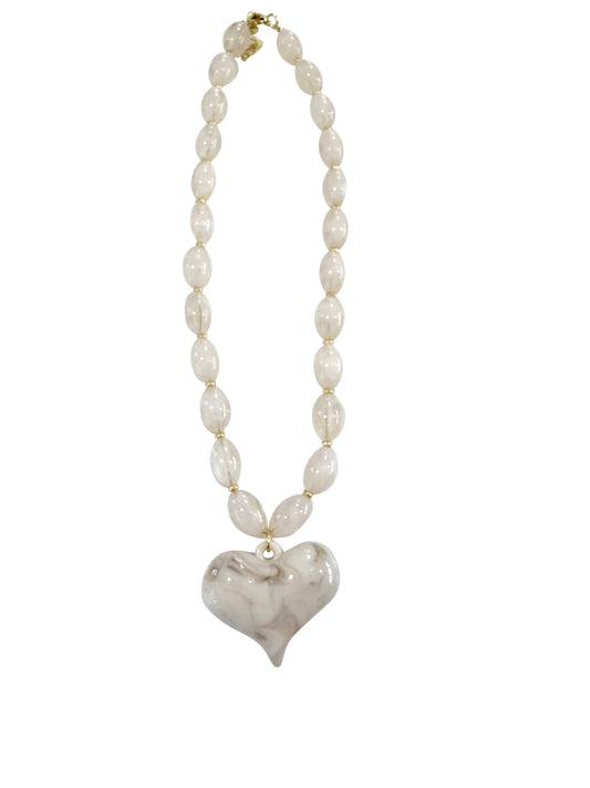 Roxie Cream Beaded Necklace with Heart Charm