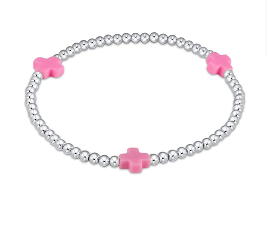 Signature Cross Sterling Pattern 3mm Bead Bracelet- Bright Pink