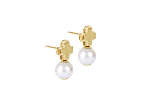 Signature Cross SMALL Gold Stud - Pearl