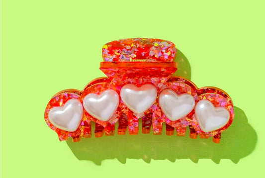 Claw Hair Clip - Pink & Pearl Hearts