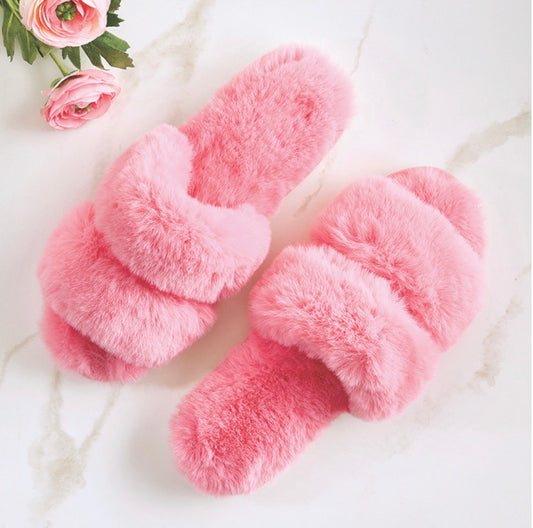 Plush Slippers - Double Band - Hot Pink