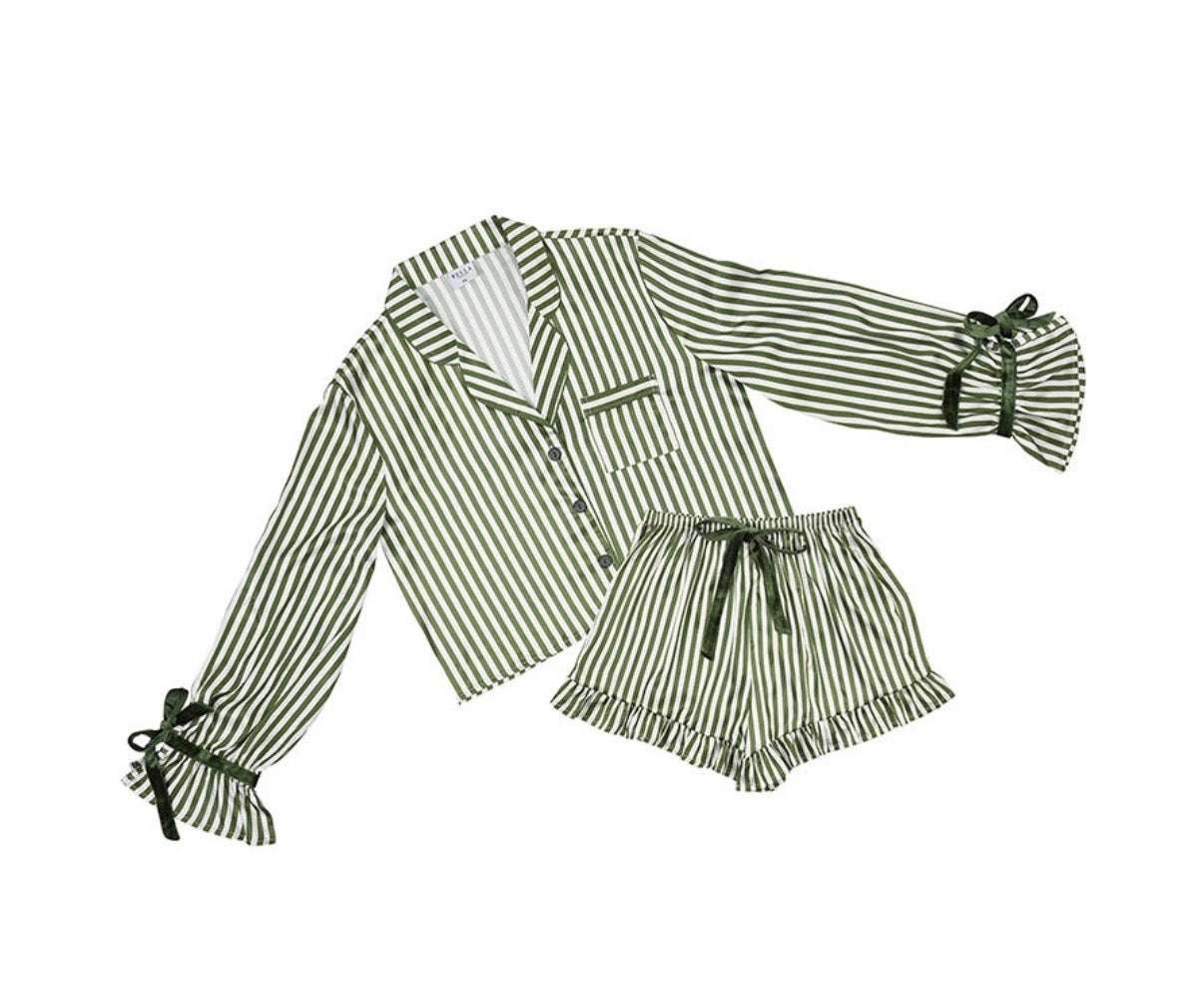 Green Striped PJ Set with Ruffled Shorts