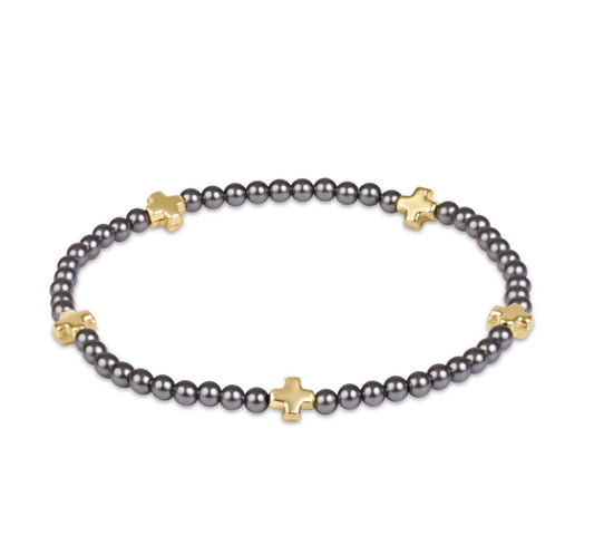 signature cross small 3mm pearl dark grey bracelet - gold