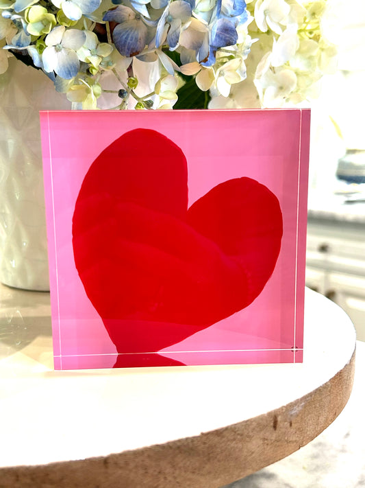 Acrylic Block Heart- Pink with Red Heart