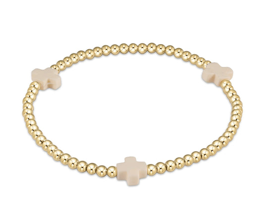 EXTENDS - SIGNATURE CROSS GOLD PATTERN 3MM BEAD BRACELET - OFF-WHITE