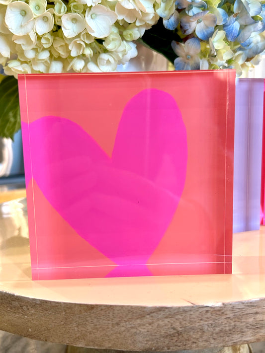 Acrylic Block Heart- Coral with Pink Heart