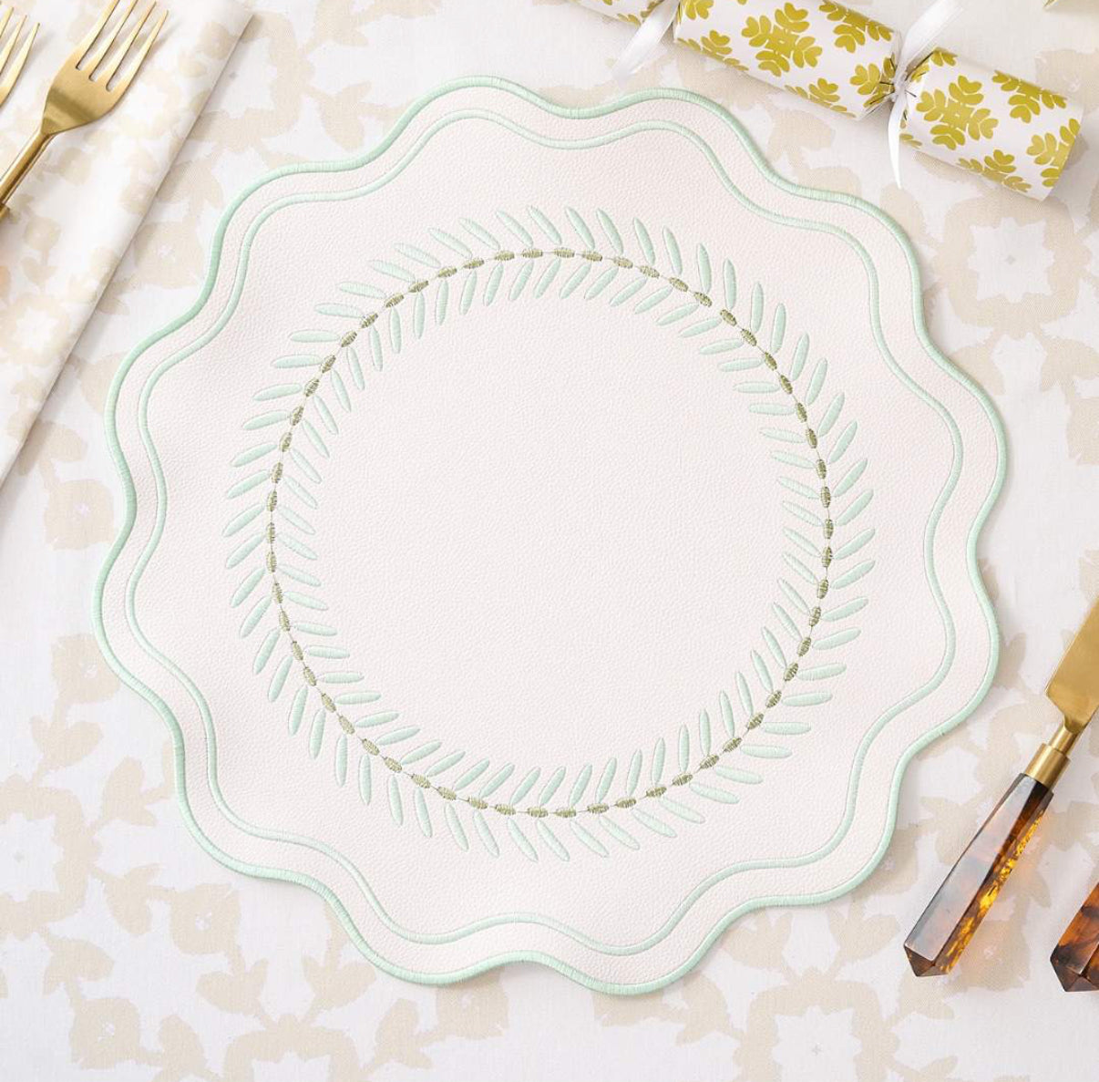 Scalloped Embroidered Feather Placemats - Seaglass (Set of 4)