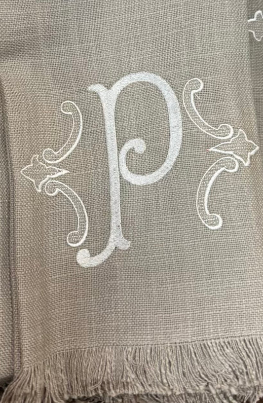 Taupe Initial Fringe Tea Towel