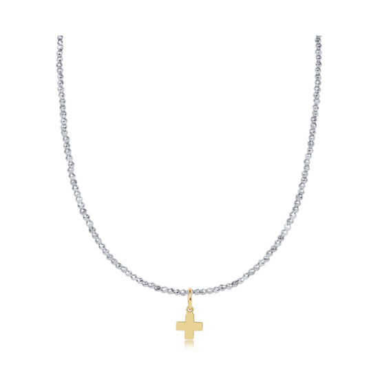 17" Choker Bright Silver Faceted Hematite 2mm Bead - Signature Cross Gold Charm