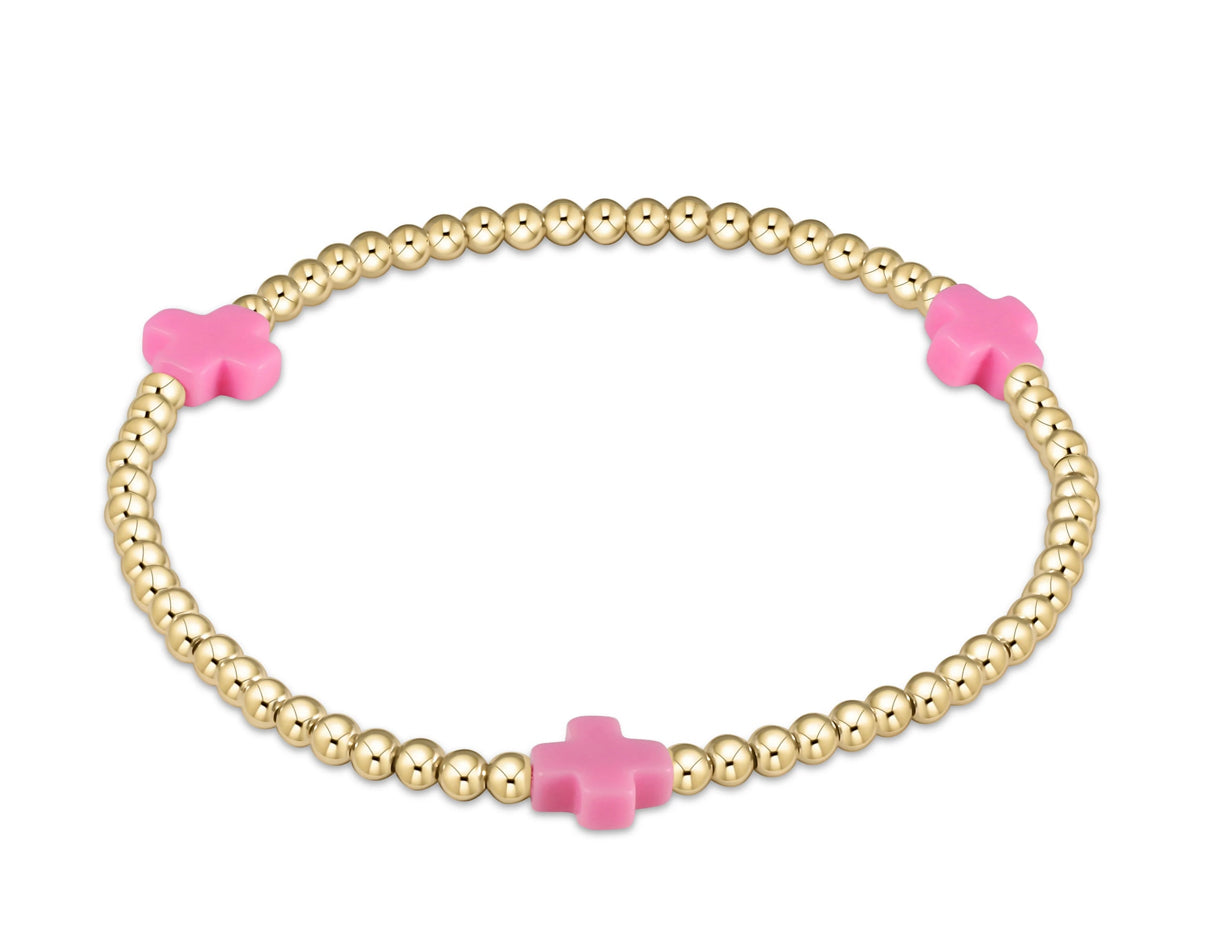 EXTENDS - SIGNATURE CROSS GOLD PATTERN 3MM BEAD BRACELET - BRIGHT PINK