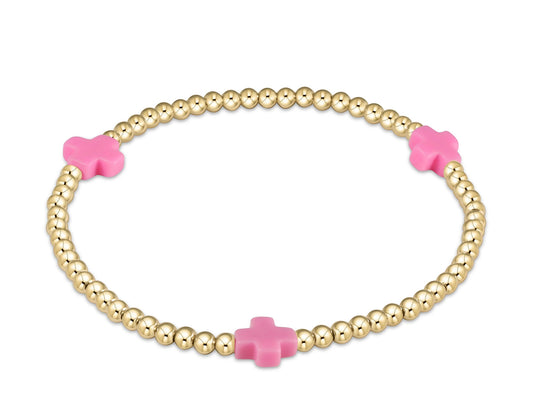 EXTENDS - SIGNATURE CROSS GOLD PATTERN 3MM BEAD BRACELET - BRIGHT PINK