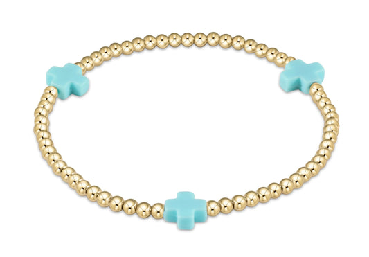 Signature Cross Gold Pattern 3mm Bead Bracelet- Turquoise