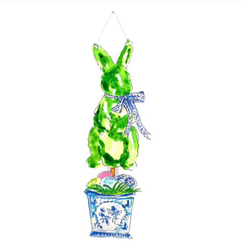 Boxwood Rabbits in Pots Door Hanger