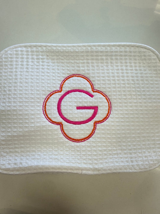 Initial Waffle Cosmetic Bag- Pink & Orange