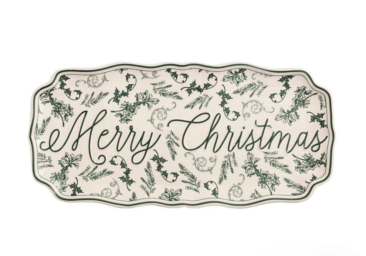 Merry Christmas Green Toile Tray