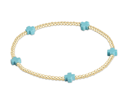 Signature Cross Small Gold Pattern 2mm Bead Bracelet- Turquoise