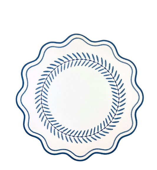 Scalloped Embroidered Feather Placemats - Navy (Set of 4)