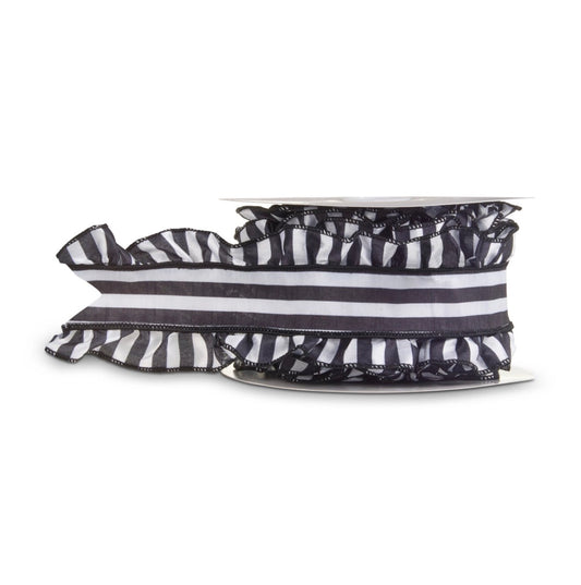 4" X 10 Yds Black And White Striped Ruffle Wired Ribbon